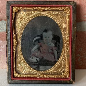 Antique Daguerreotype Ambrotype Photo Baby Girl Child Tinted Pink  Half Case